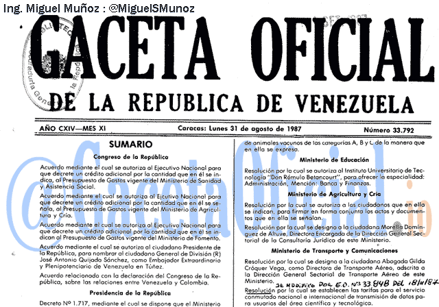 Gaceta Oficial 33792 del 31 Agosto 1987