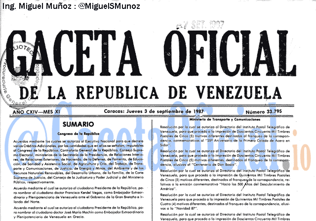 Gaceta Oficial 33795 del 3 Septiembre 1987