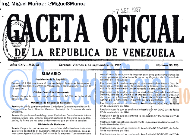 Gaceta Oficial 33796 del 4 Septiembre 1987