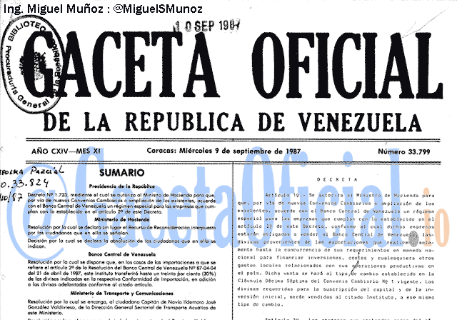 Gaceta Oficial 33799 del 9 Septiembre 1987