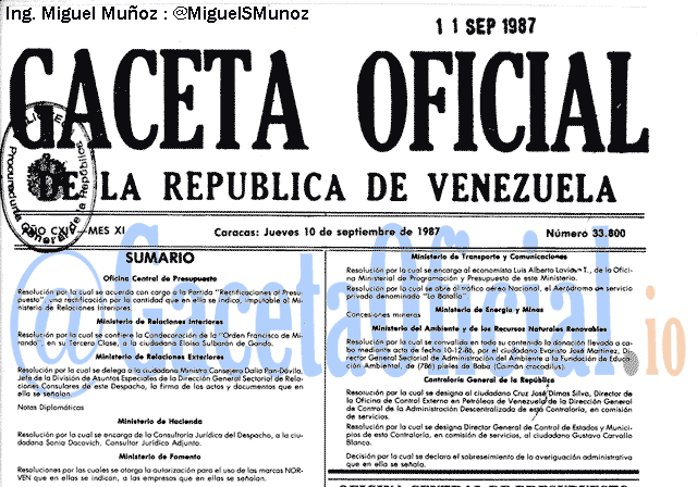 Gaceta Oficial 33800 del 10 Septiembre 1987