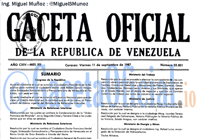 Gaceta Oficial 33801 del 11 Septiembre 1987