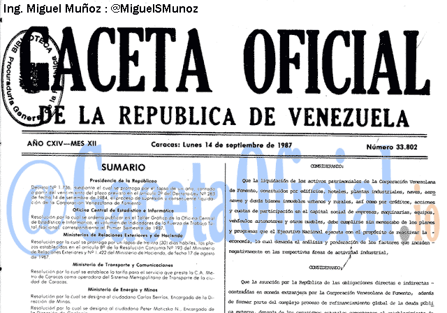 Gaceta Oficial 33802 del 14 Septiembre 1987