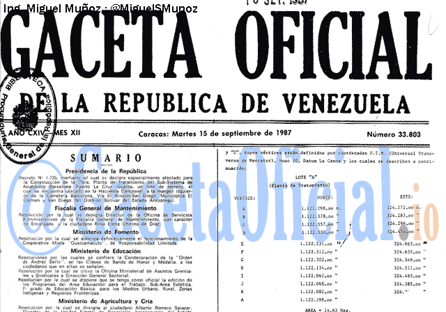 Gaceta Oficial 33803 del 15 Septiembre 1987