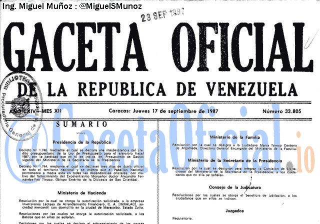 Gaceta Oficial 33805 del 17 Septiembre 1987