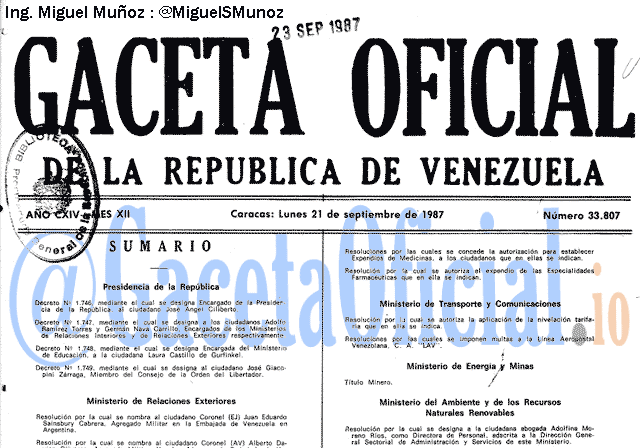 Gaceta Oficial 33807 del 21 Septiembre 1987