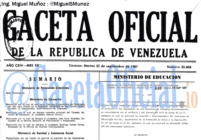 Gaceta Oficial 33808 del 22 Septiembre 1987