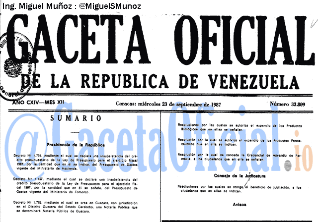 Gaceta Oficial 33809 del 23 Septiembre 1987