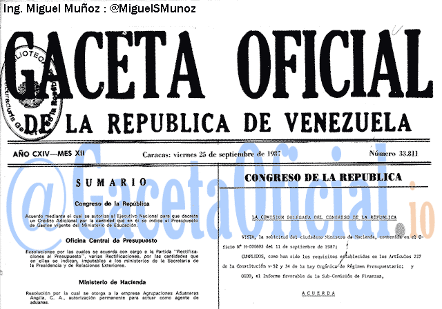 Gaceta Oficial 33811 del 25 Septiembre 1987