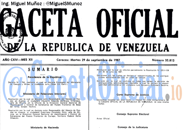 Gaceta Oficial 33813 del 29 Septiembre 1987