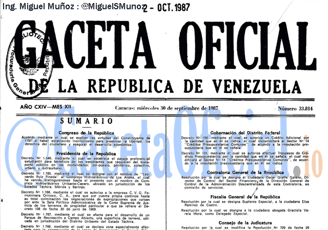 Gaceta Oficial 33814 del 30 Septiembre 1987