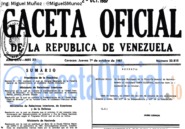 Gaceta Oficial 33815 del 1 Octubre 1987