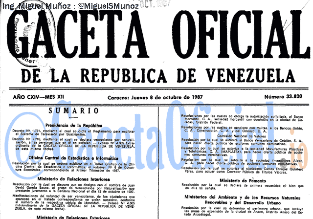 Gaceta Oficial 33820 del 8 Octubre 1987