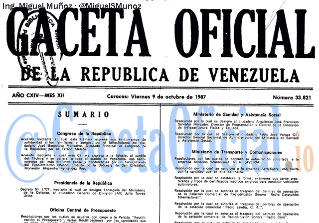 Gaceta Oficial 33821 del 9 Octubre 1987