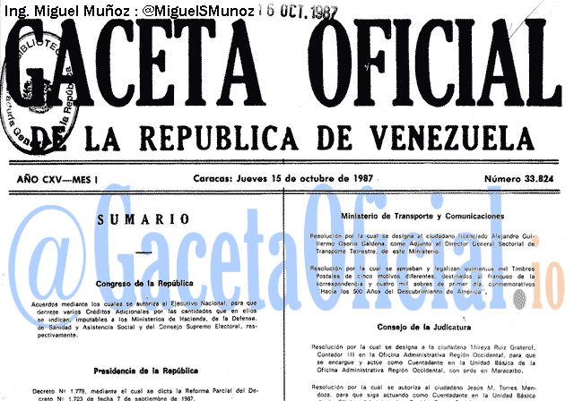 Gaceta Oficial 33824 del 15 Octubre 1987