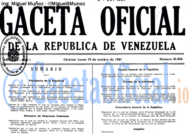 Gaceta Oficial 33826 del 19 Octubre 1987