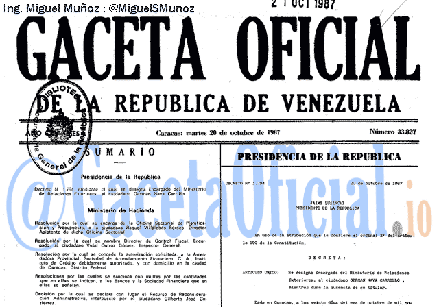 Gaceta Oficial 33827 del 20 Octubre 1987