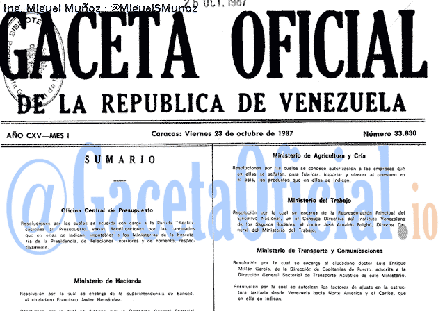 Gaceta Oficial 33830 del 23 Octubre 1987