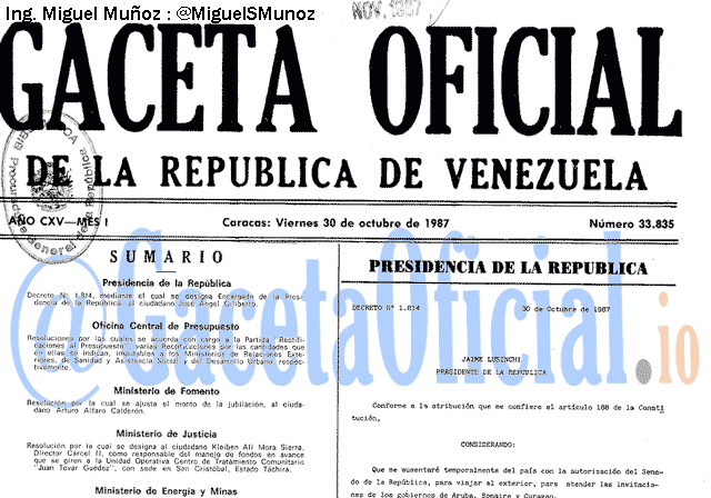 Gaceta Oficial 33835 del 30 Octubre 1987