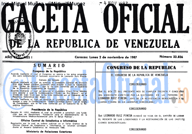Gaceta Oficial 33836 del 2 Noviembre 1987