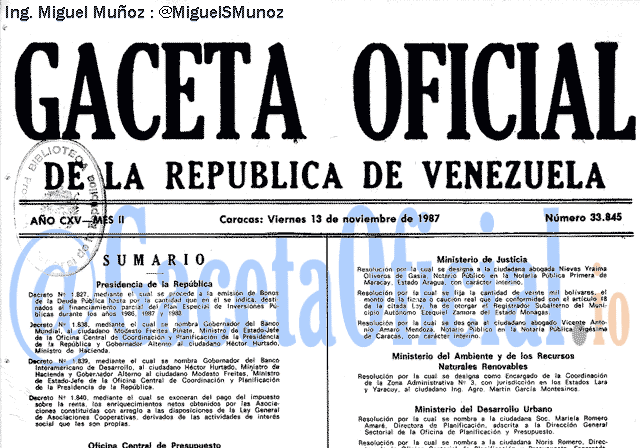 Gaceta Oficial 33845 del 13 Noviembre 1987