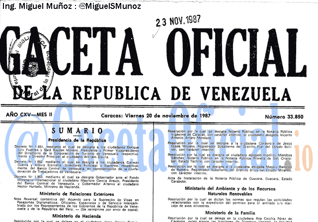 Gaceta Oficial 33850 del 20 Noviembre 1987