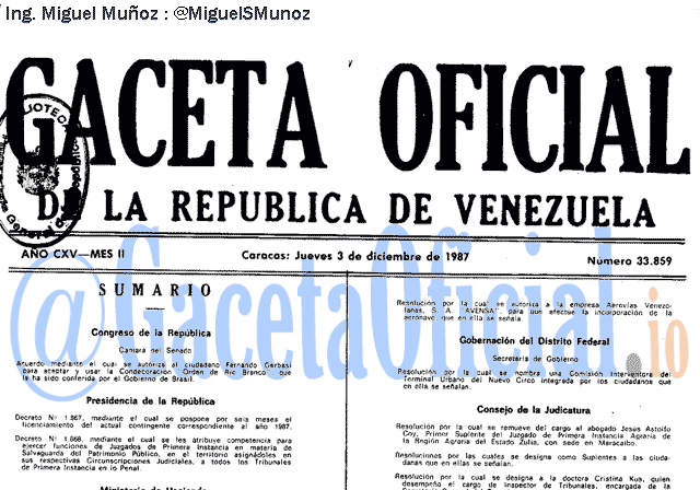 Gaceta Oficial 33859 del 3 Diciembre 1987