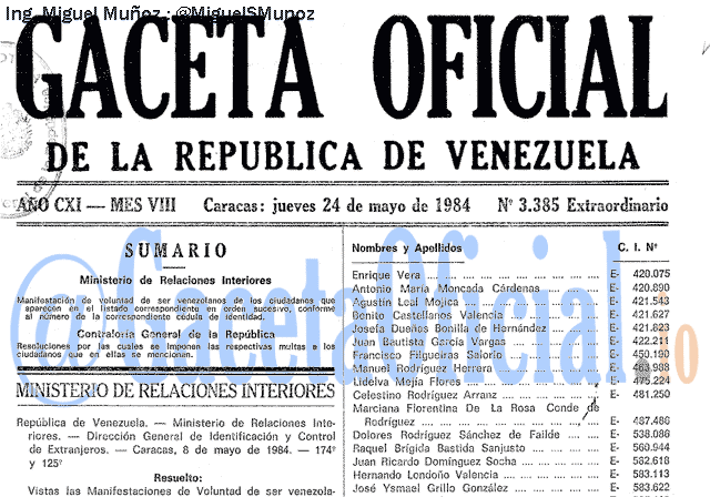 Gaceta Oficial 3385 del 24 Mayo 1984