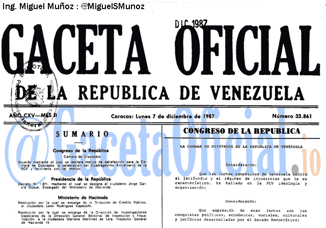 Gaceta Oficial 33861 del 7 Diciembre 1987