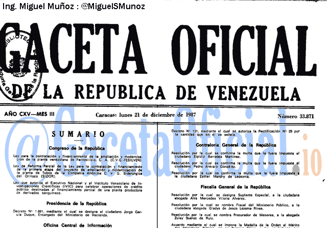 Gaceta Oficial 33871 del 21 Diciembre 1987