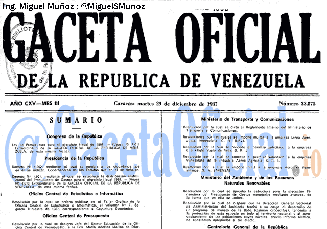 Gaceta Oficial 33875 del 29 Diciembre 1987