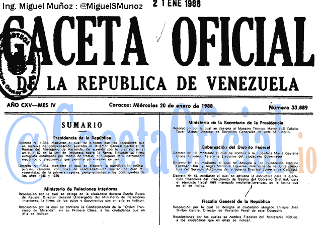 Gaceta Oficial 33889 del 20 Enero 1988