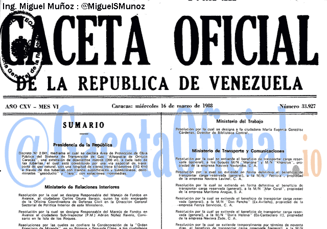 Gaceta Oficial 33927 del 16 Marzo 1988