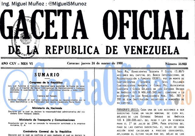 Gaceta Oficial 33933 del 24 Marzo 1988