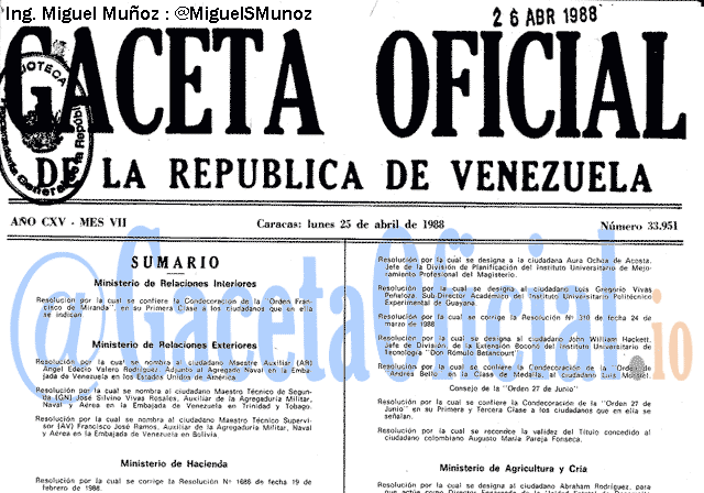 Gaceta Oficial 33951 del 25 Abril 1988