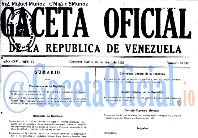Gaceta Oficial 33952 del 26 Abril 1988