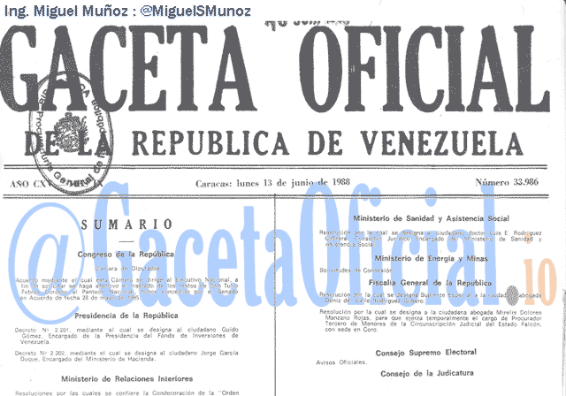 Gaceta Oficial 33986 del 13 Junio 1988