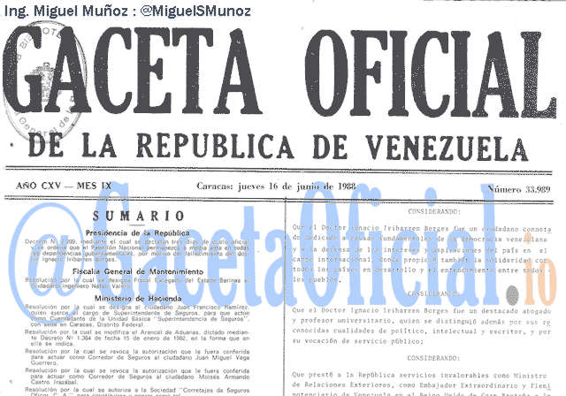 Gaceta Oficial 33989 del 16 Junio 1988