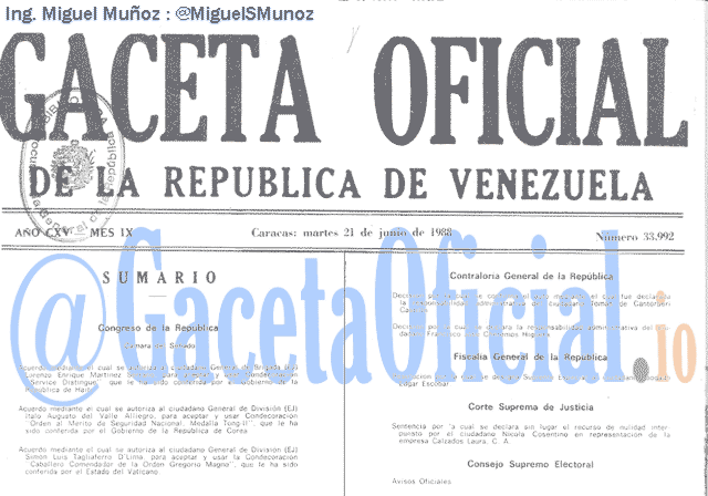 Gaceta Oficial 33992 del 21 Junio 1988