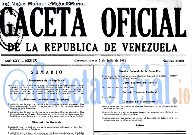 Gaceta Oficial 34002 del 7 Julio 1988