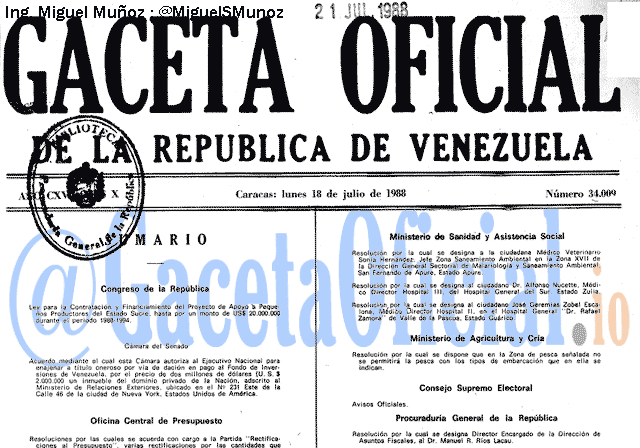 Gaceta Oficial 34009 del 18 Julio 1988