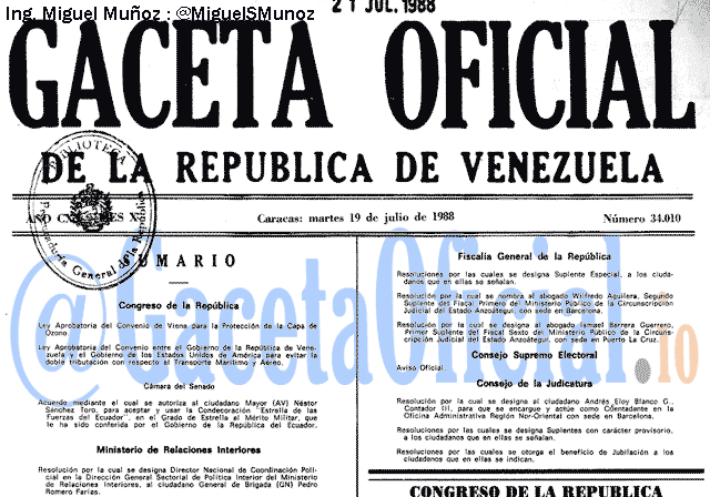Gaceta Oficial 34010 del 19 Julio 1988