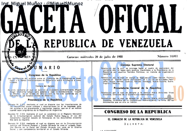 Gaceta Oficial 34011 del 20 Julio 1988