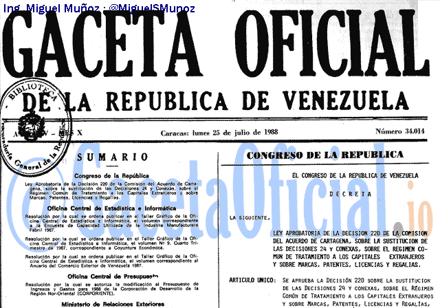 Gaceta Oficial 34014 del 25 Julio 1988