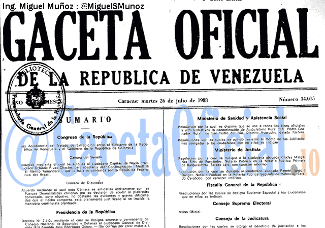 Gaceta Oficial 34015 del 26 Julio 1988