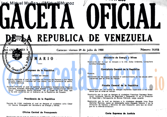 Gaceta Oficial 34018 del 29 Julio 1988
