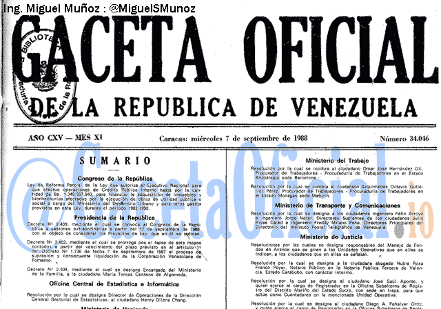 Gaceta Oficial 34046 del 7 Septiembre 1988