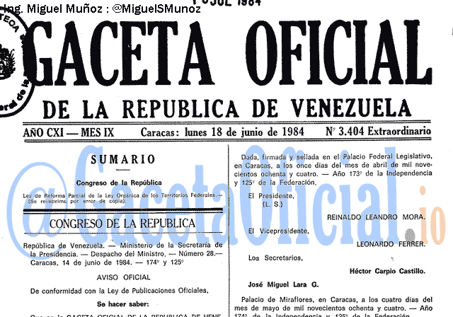 Gaceta Oficial 3404 del 18 Junio 1984