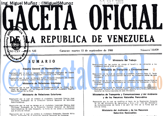 Gaceta Oficial 34050 del 13 Septiembre 1988