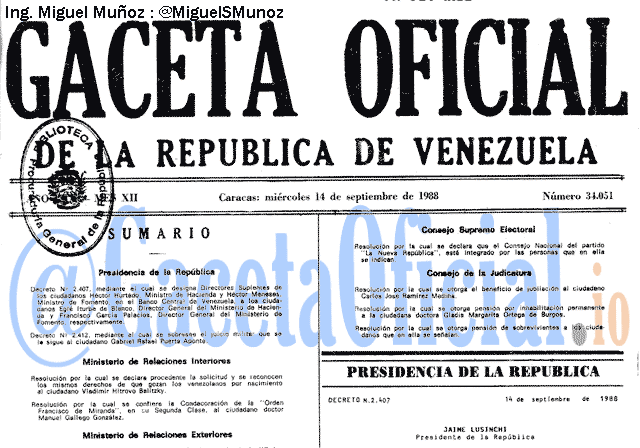 Gaceta Oficial 34051 del 14 Septiembre 1988